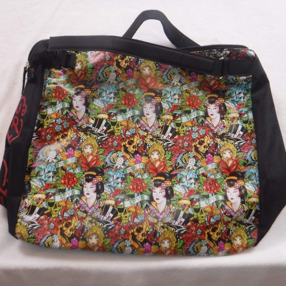 Ed Hardy Christian Audigier Tattoo Print Large Nylon Tote Bag Geisha Skull Black